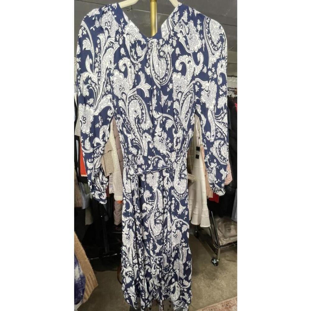 Talbots Flounce Hem Midi Dress Navy Blue White Paisley Small - Picture 2 of 3